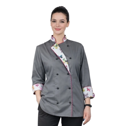 Bluza kucharska damska szara rekaw długi lamówka wzór W2 (1053) roz. M – bluza kucharska – odzież gastronomiczna